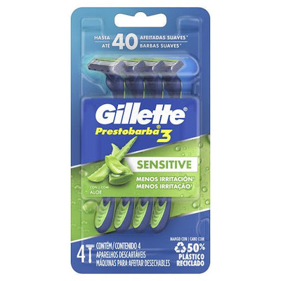 Gillette Prestobarba3 Sensitive: Afeitado Suave y Preciso sin Irritación (Pack x4) 🪒✨